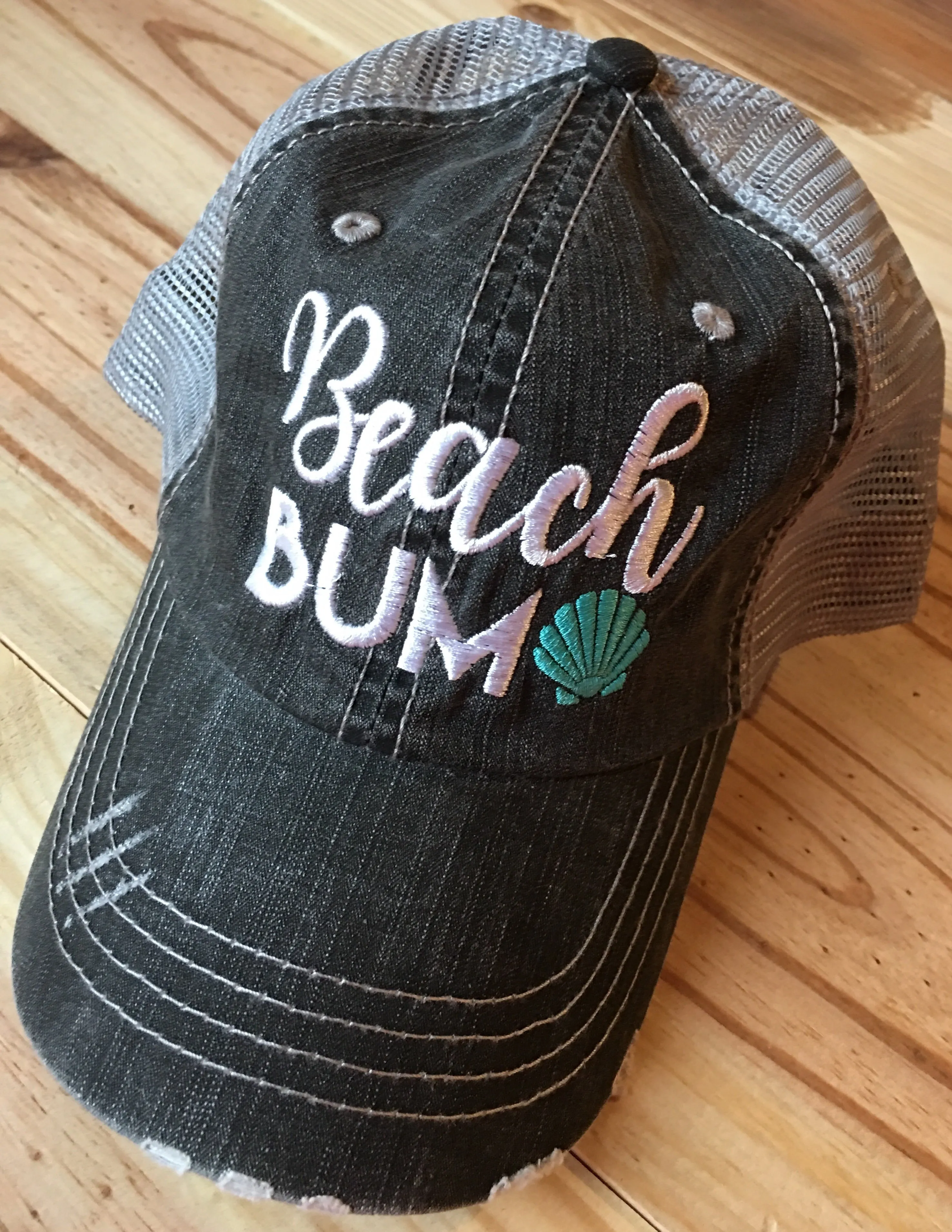Hat { Beach Bum } 3 styles / colors. Seashells. Embroidered distressed trucker caps with adjustable velcro and hole for pony.