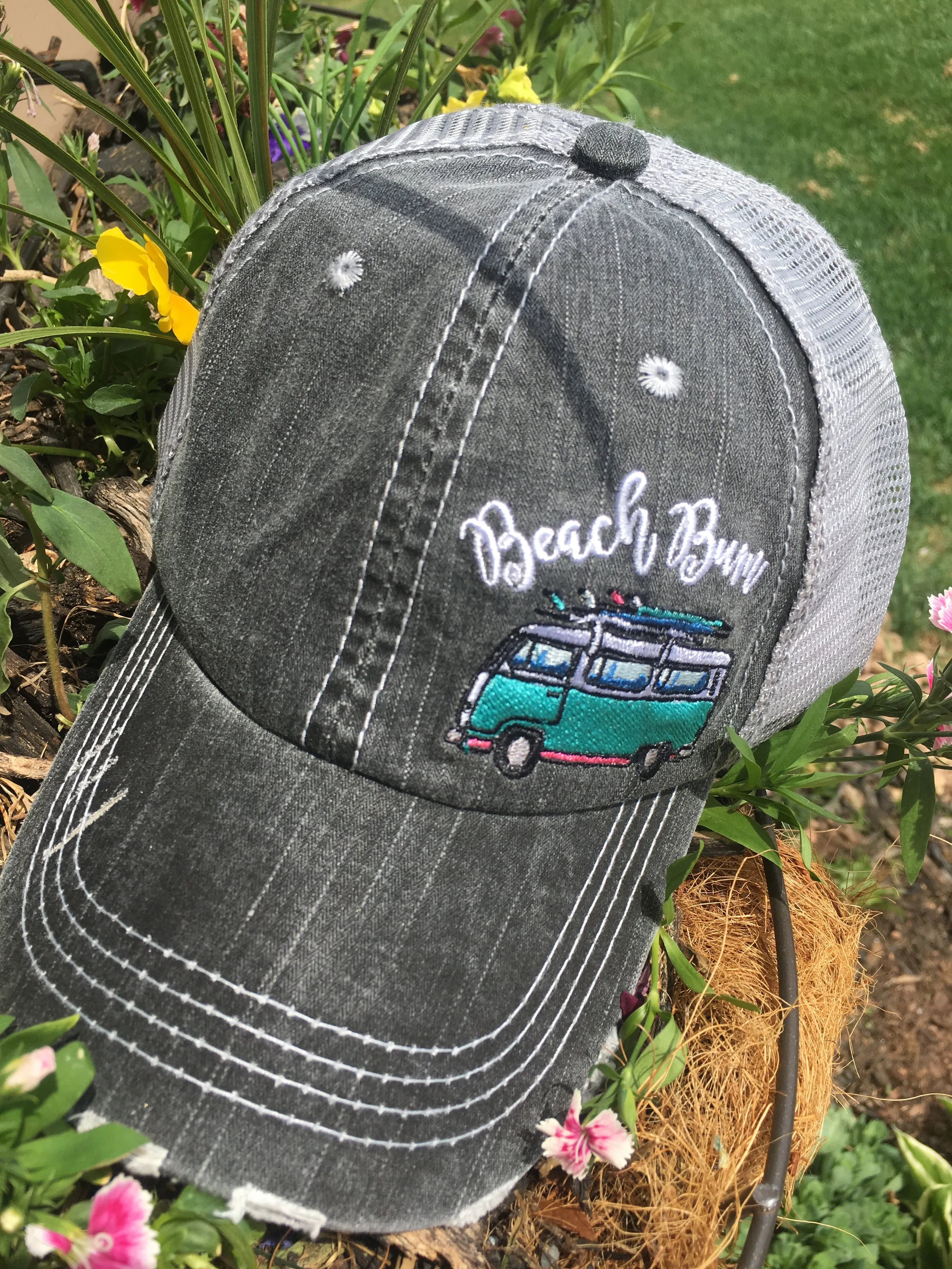 Hat { Beach Bum } 3 styles / colors. Seashells. Embroidered distressed trucker caps with adjustable velcro and hole for pony.