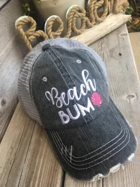 Hat { Beach Bum } 3 styles / colors. Seashells. Embroidered distressed trucker caps with adjustable velcro and hole for pony.