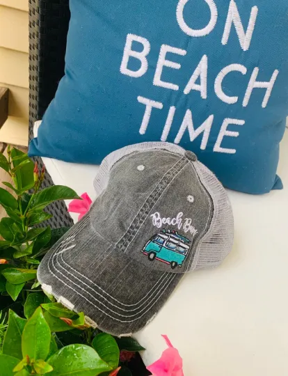 Hat { Beach Bum } 3 styles / colors. Seashells. Embroidered distressed trucker caps with adjustable velcro and hole for pony.