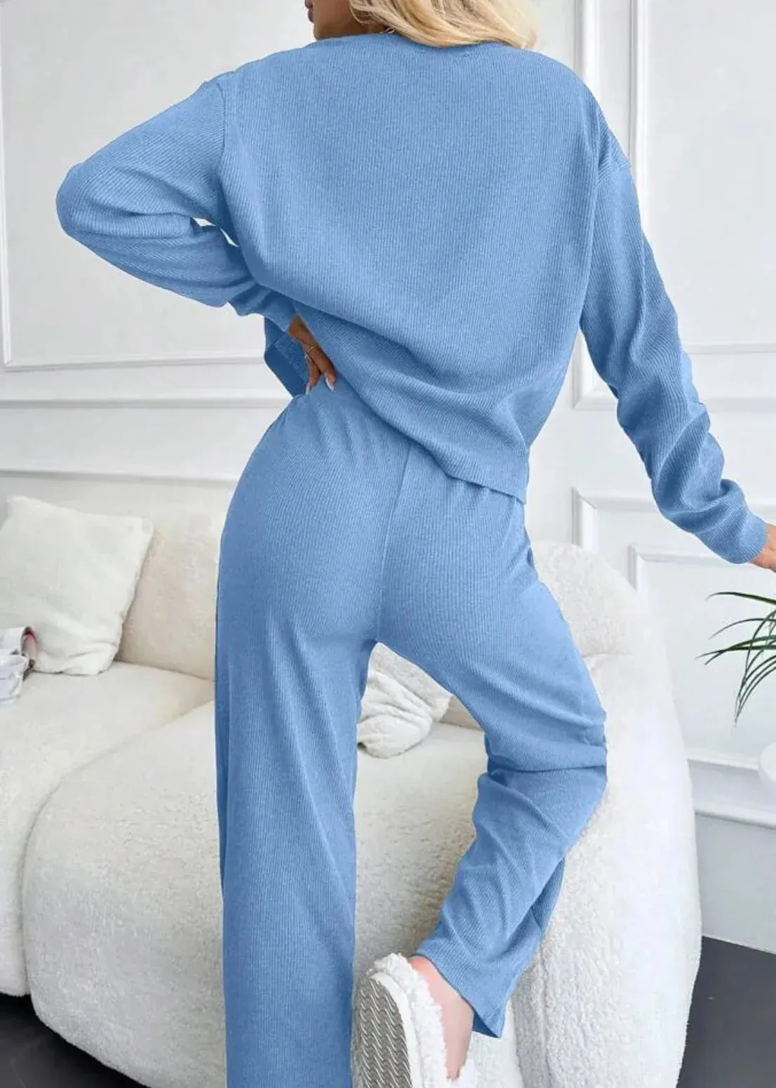 Ivyshape | Blue Ribbed Knit Lounge Set
