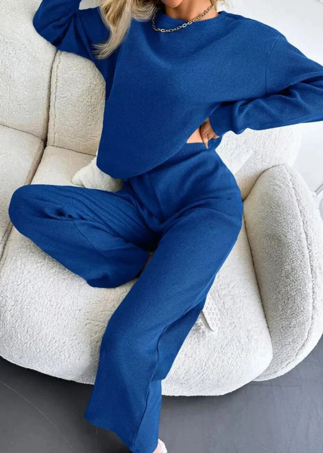 Ivyshape | Blue Ribbed Knit Lounge Set