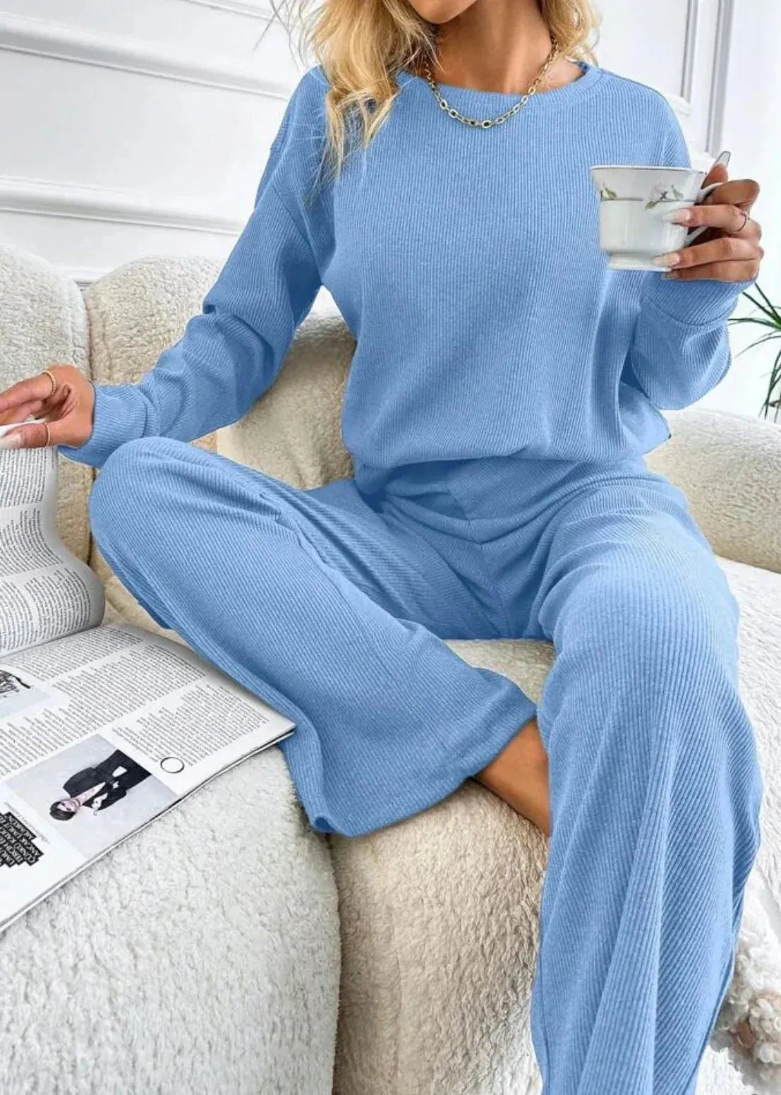 Ivyshape | Blue Ribbed Knit Lounge Set