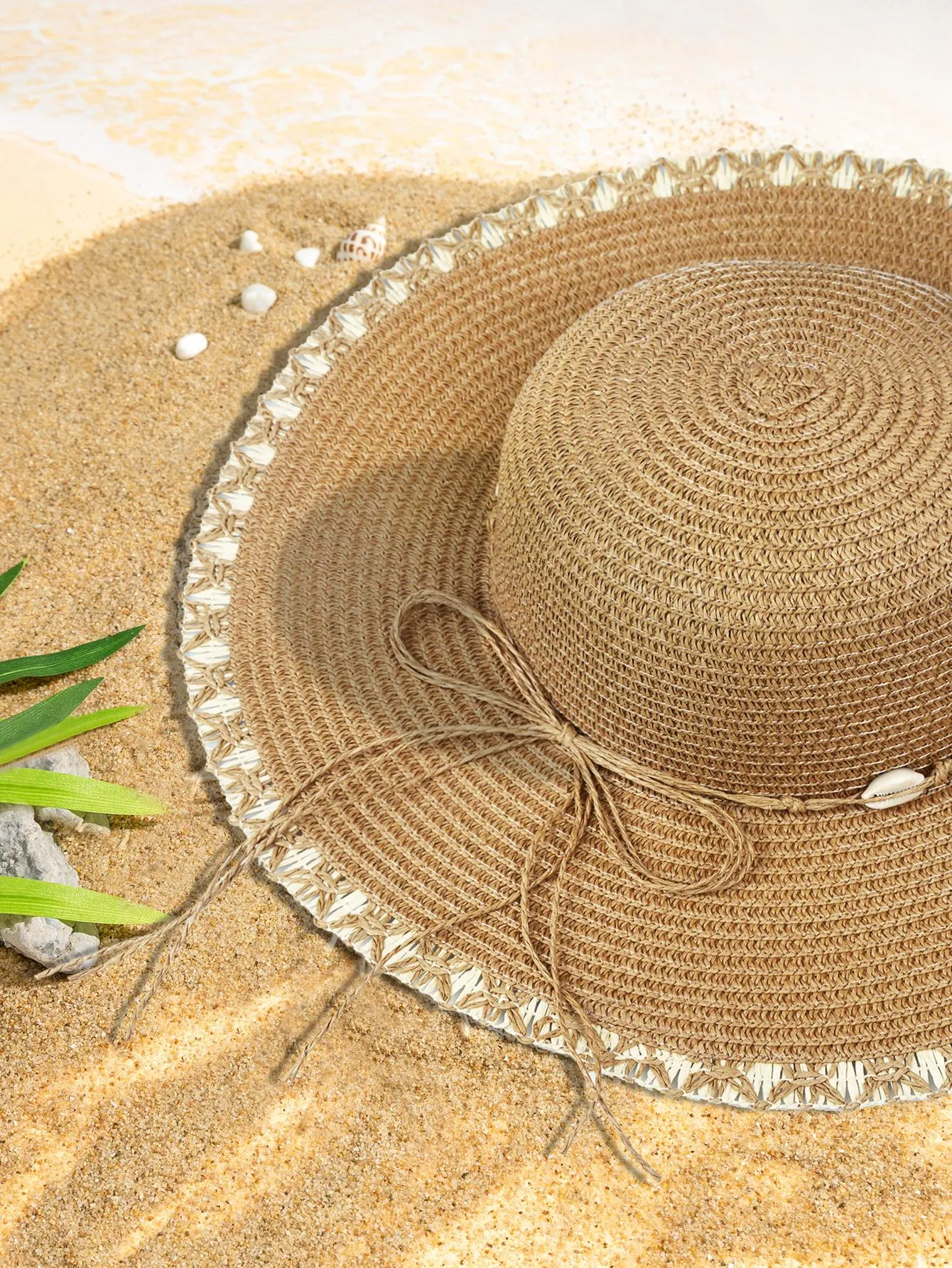 Shell Decor Straw Hat Boho Bow