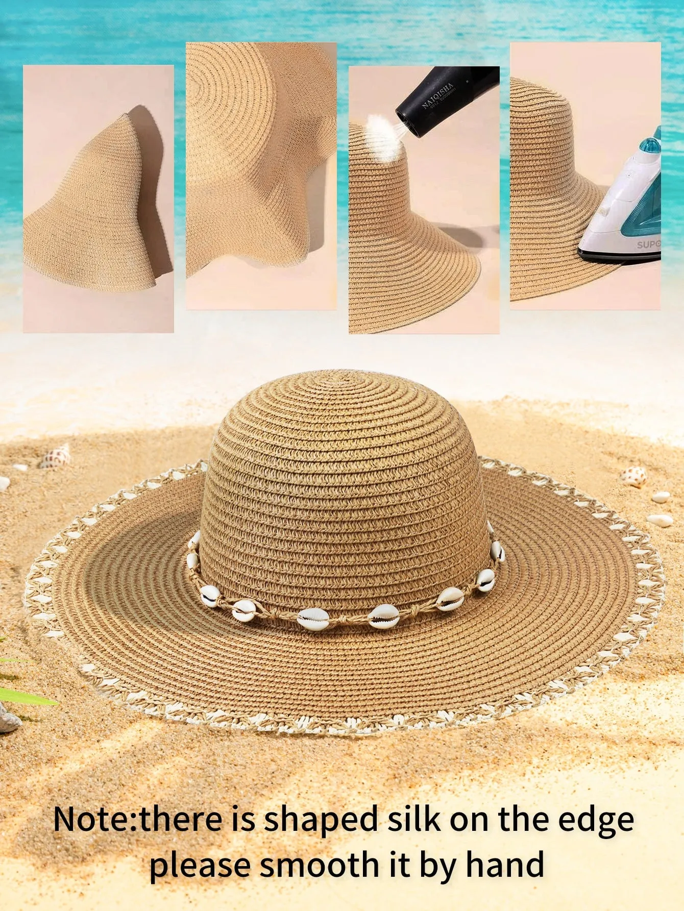 Shell Decor Straw Hat Boho Bow