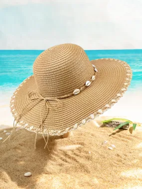 Shell Decor Straw Hat Boho Bow