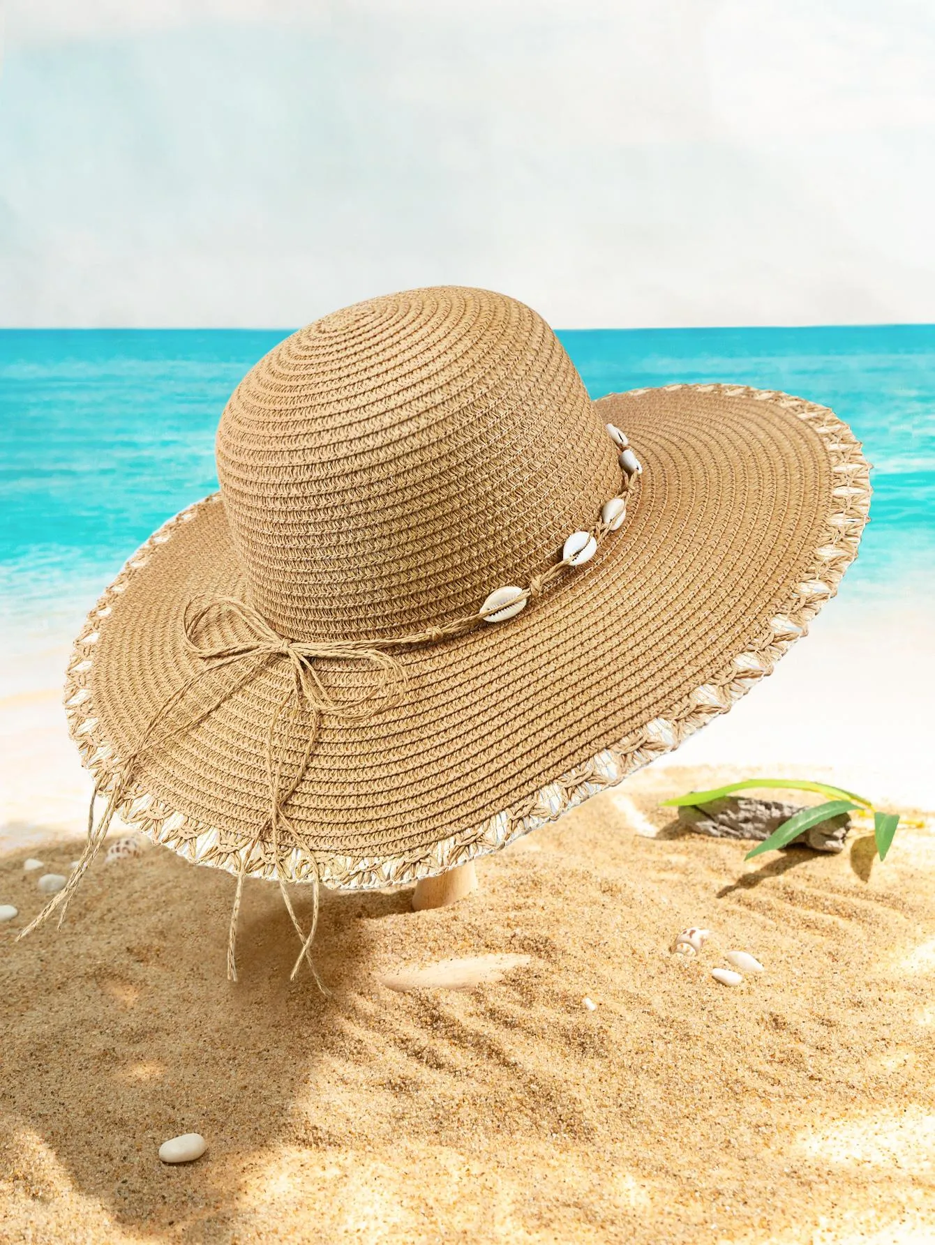 Shell Decor Straw Hat Boho Bow